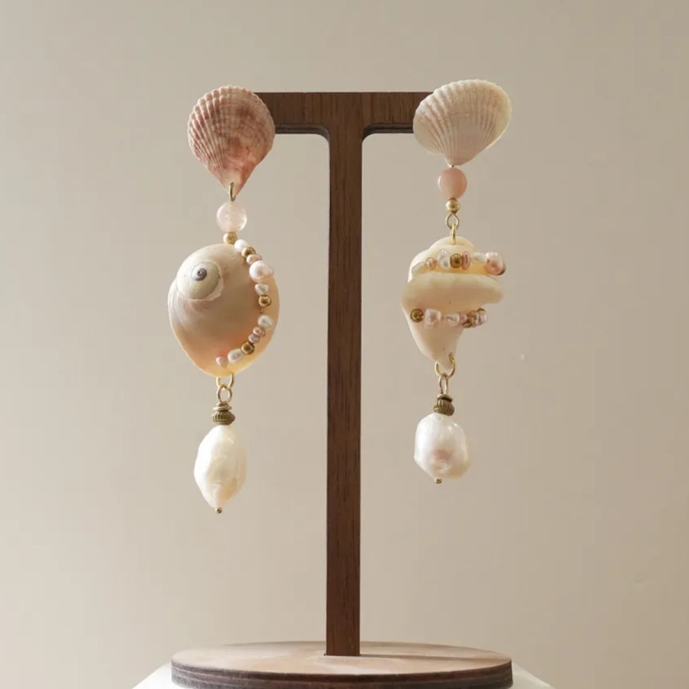 Handmade Seashell & Pearl Statement Earrings โโ One-of-a-Kind Ocean Treasure - Picture 3 of 5